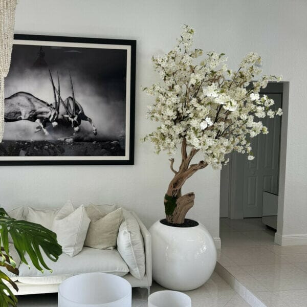 Árbol de cerezo personalizado en jarrón globo blanco brillante