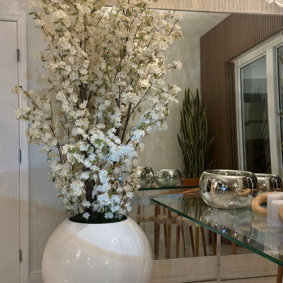 Glossy White Globe Vase with White Cherry Blossom Branches – 185 cm