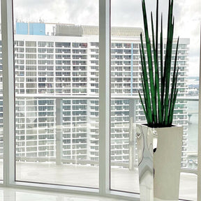 Maceta cúbica de acero inoxidable con hierba serpiente